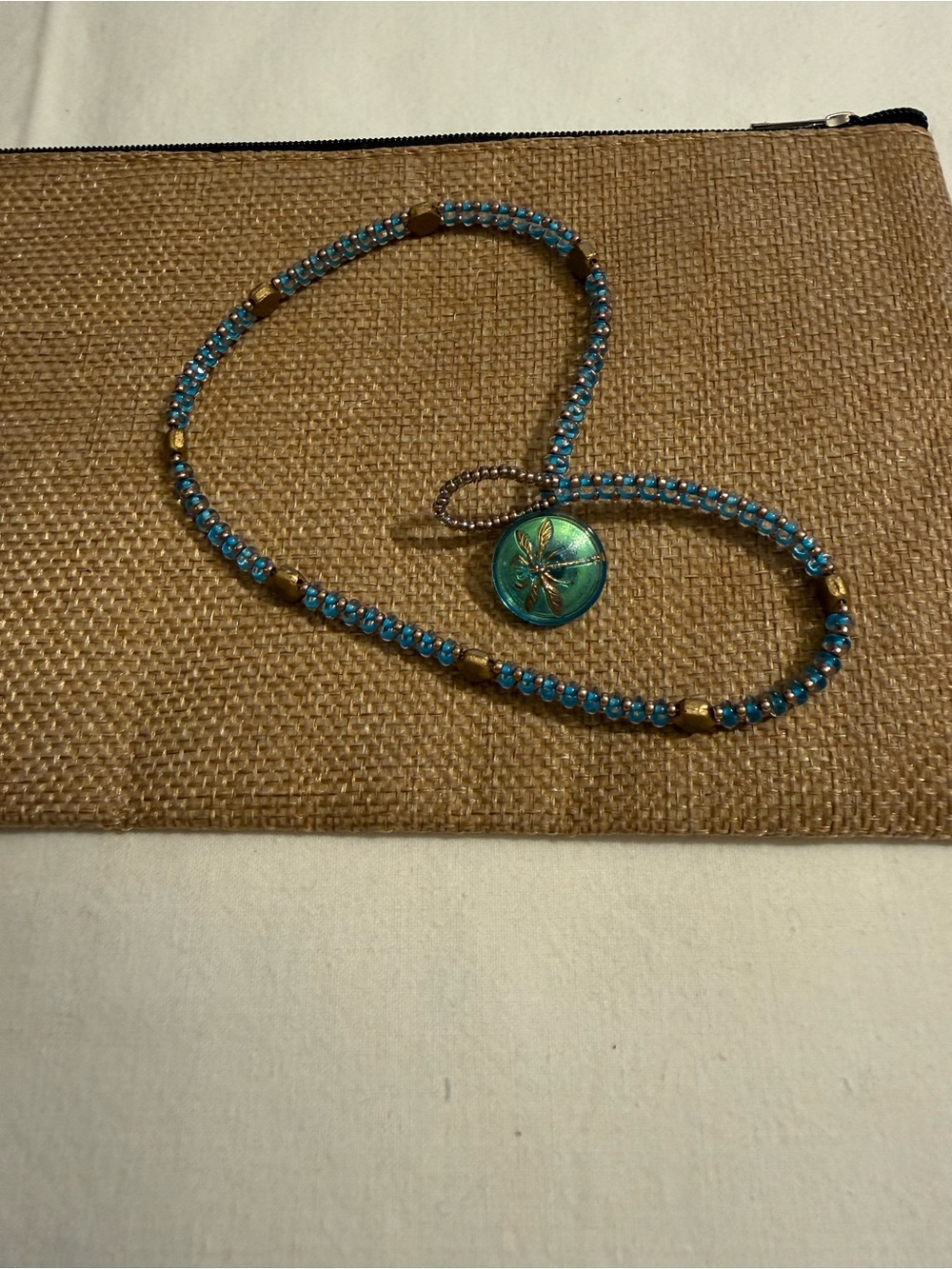 Turquoise Beaded Necklace with blue buttonEnamel Pendant